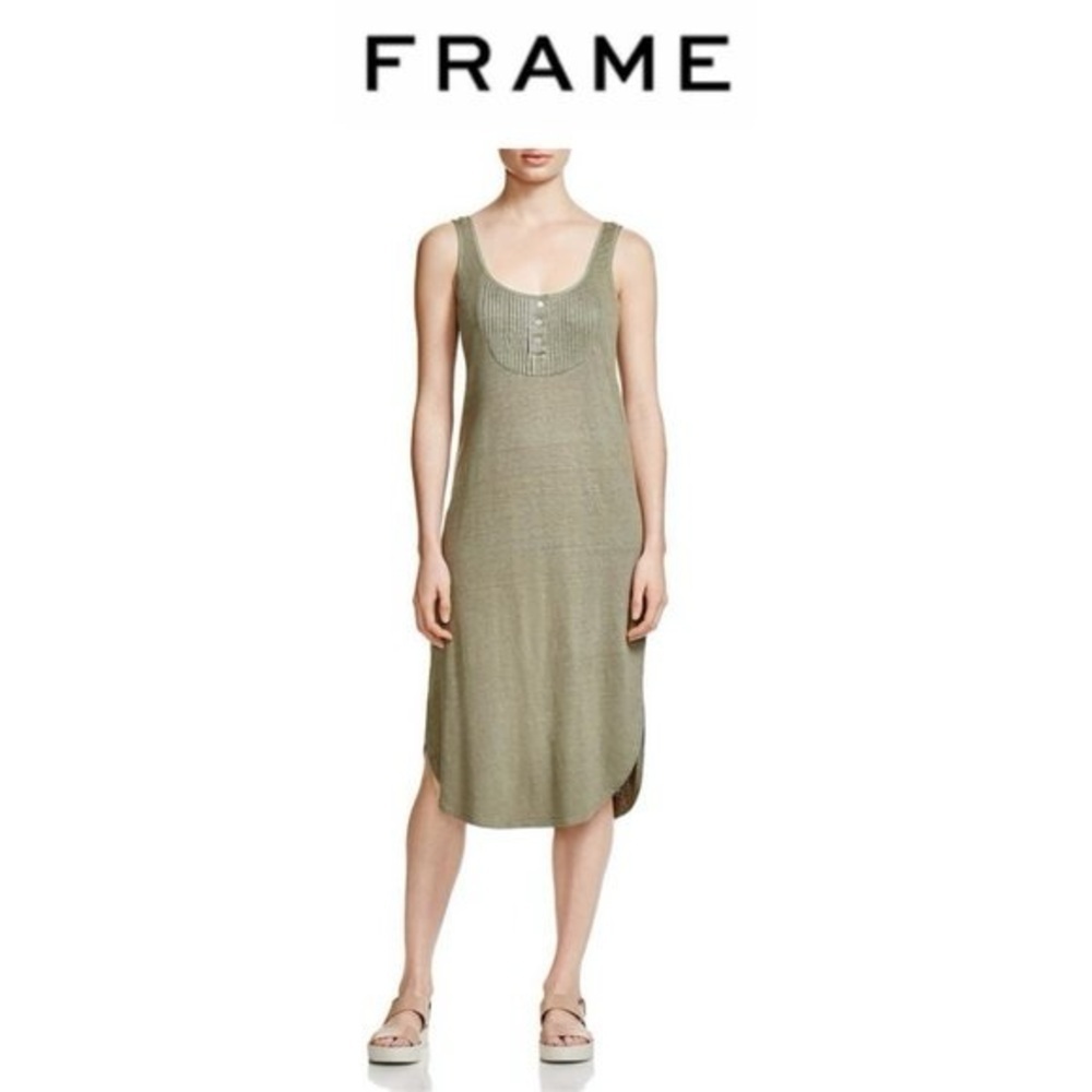 Frame Henley Linen Tank Dress in Olive (D9)
